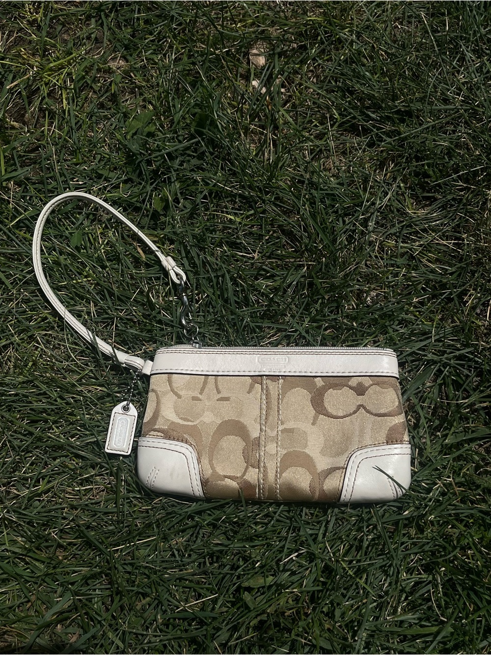 Coach Beige Signature Canvas Wristlet with White Leather Trim